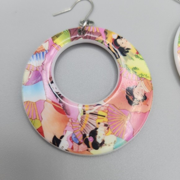 Vintage Japanese Geisha Earrings 2" Dangle Hoop Asian - Picture 2 of 9